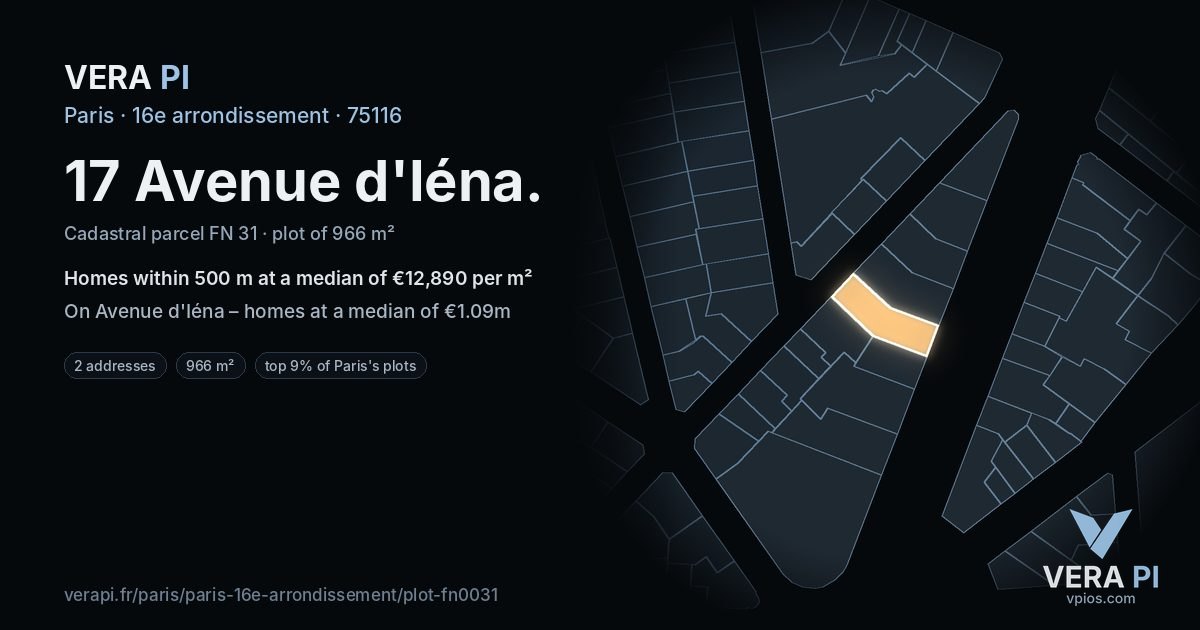 17 Avenue d'Iéna, 16e arrondissement at night – the plot lit, the parcels around coloured by the prices near them