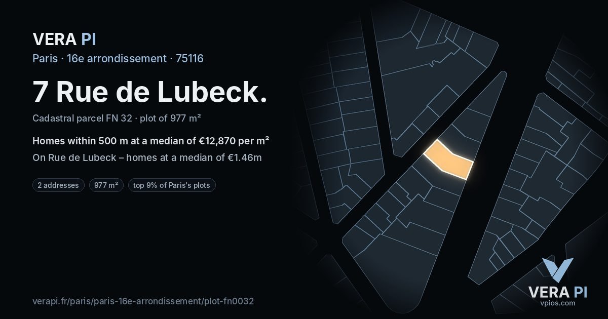 7 Rue de Lubeck, 16e arrondissement at night – the plot lit, the parcels around coloured by the prices near them