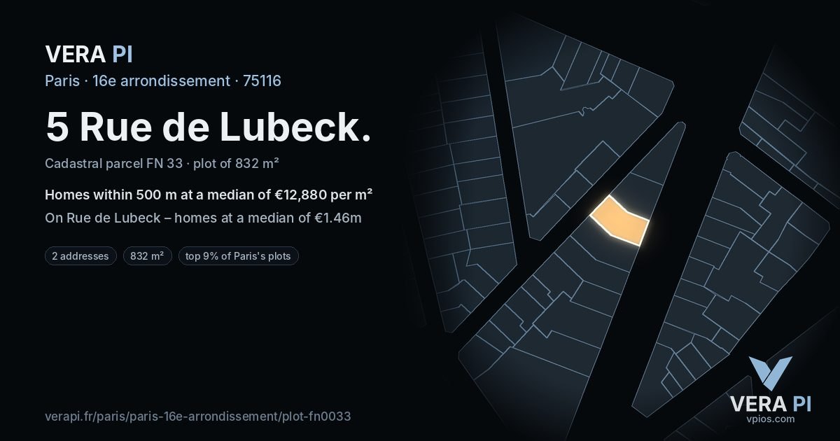 5 Rue de Lubeck, 16e arrondissement at night – the plot lit, the parcels around coloured by the prices near them