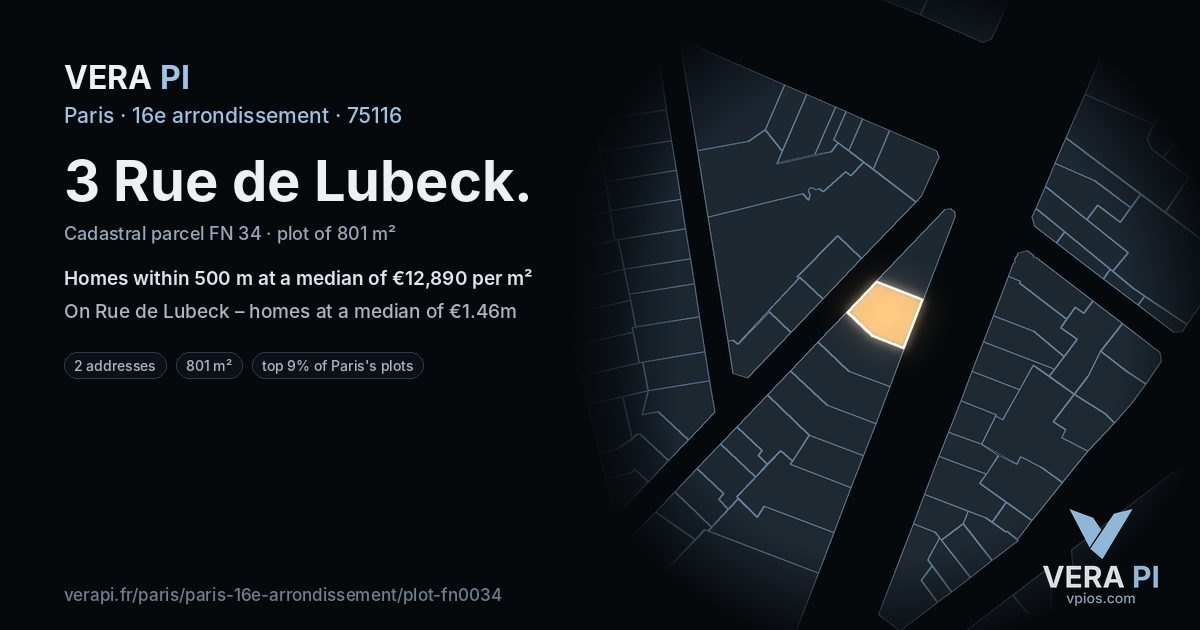 3 Rue de Lubeck, 16e arrondissement at night – the plot lit, the parcels around coloured by the prices near them