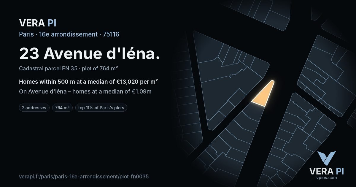 23 Avenue d'Iéna, 16e arrondissement at night – the plot lit, the parcels around coloured by the prices near them