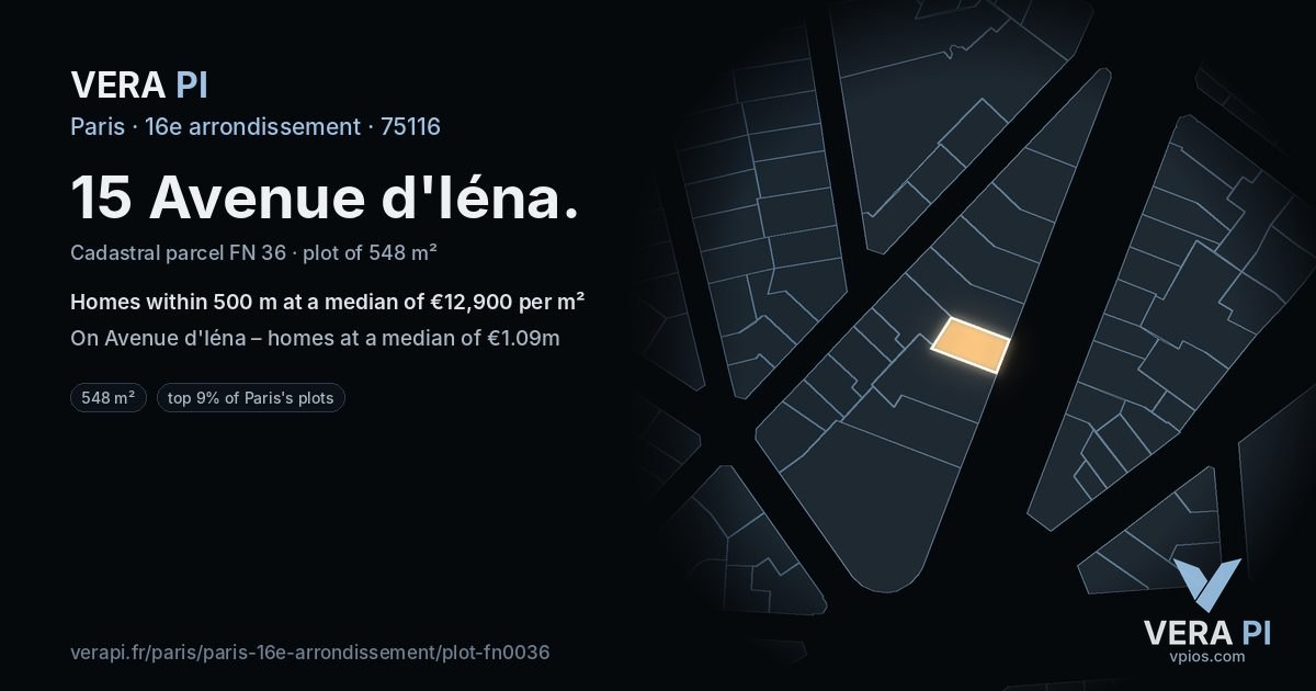 15 Avenue d'Iéna, 16e arrondissement at night – the plot lit, the parcels around coloured by the prices near them