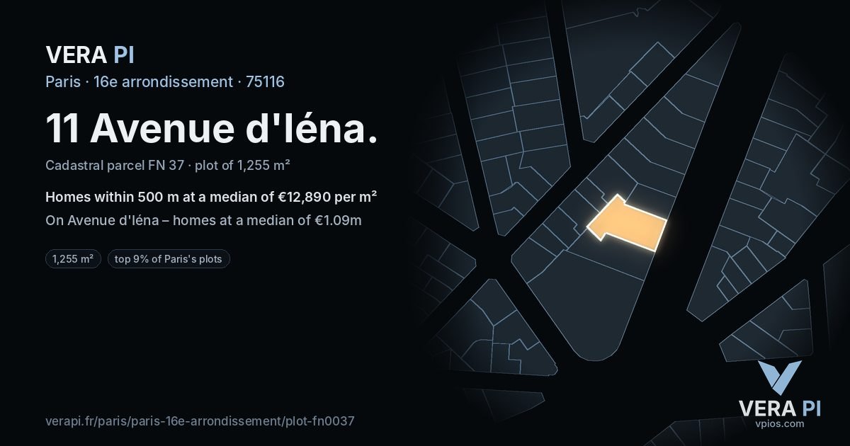 11 Avenue d'Iéna, 16e arrondissement at night – the plot lit, the parcels around coloured by the prices near them