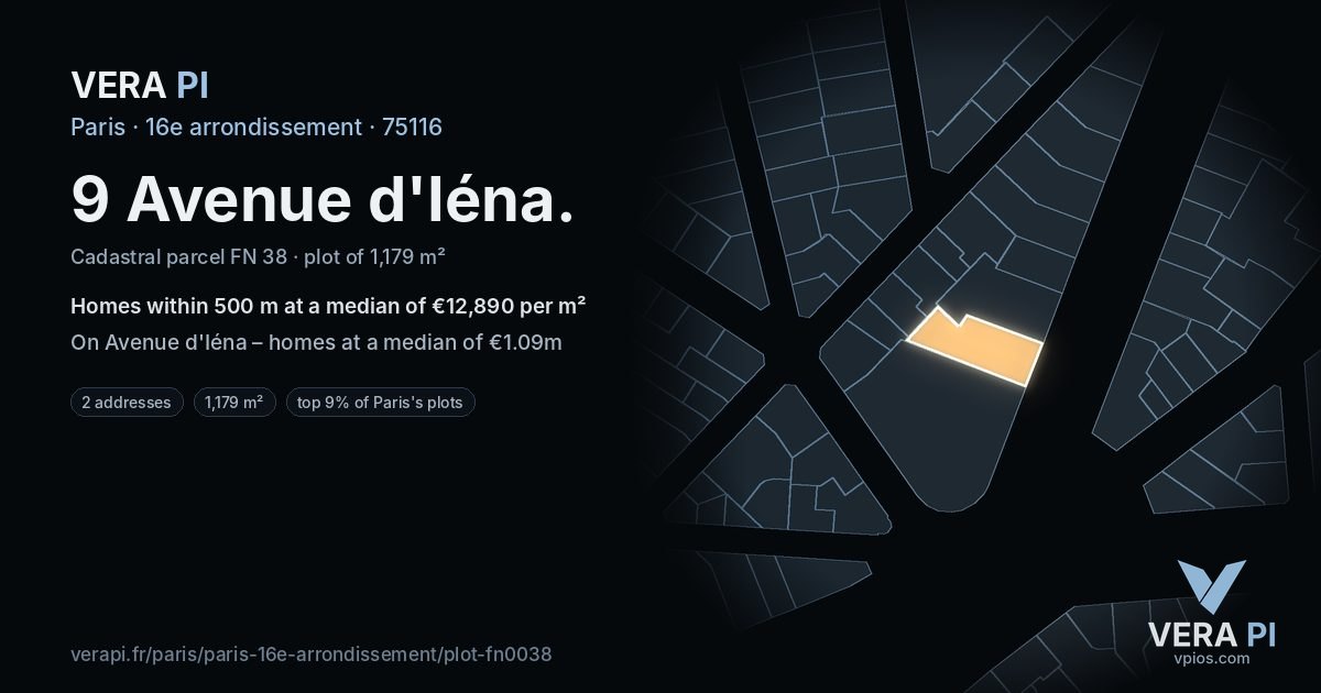 9 Avenue d'Iéna, 16e arrondissement at night – the plot lit, the parcels around coloured by the prices near them