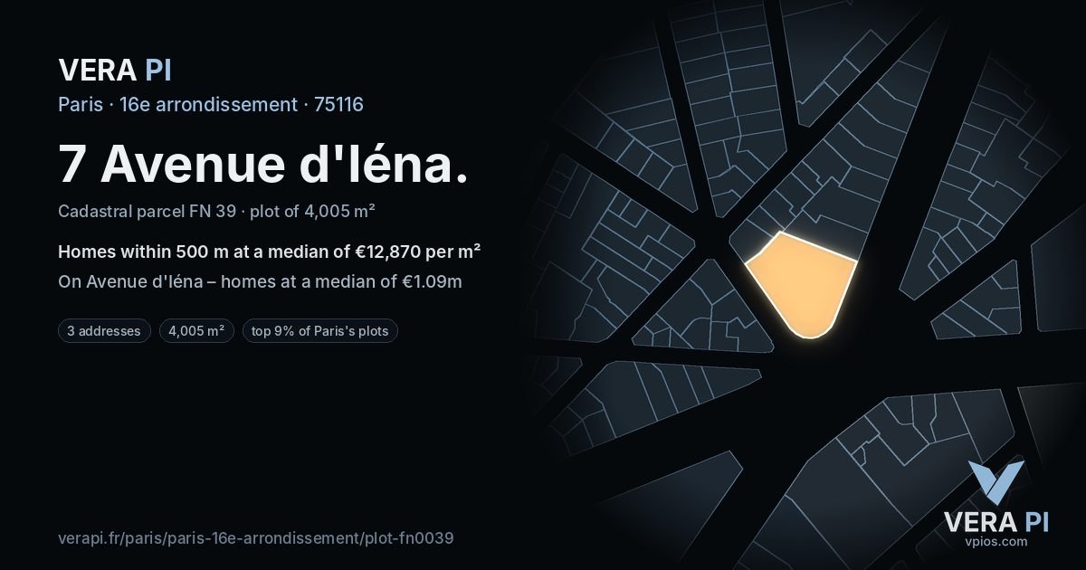 7 Avenue d'Iéna, 16e arrondissement at night – the plot lit, the parcels around coloured by the prices near them
