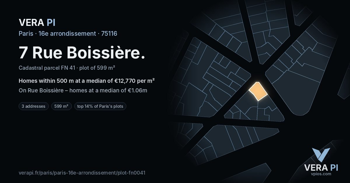 7 Rue Boissière, 16e arrondissement at night – the plot lit, the parcels around coloured by the prices near them
