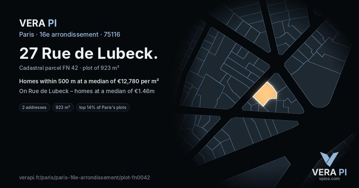 27 Rue de Lubeck, 16e arrondissement at night – the plot lit, the parcels around coloured by the prices near them