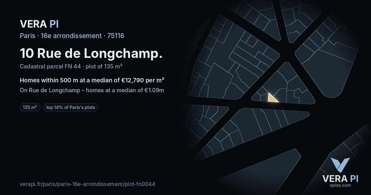 10 Rue de Longchamp, 16e arrondissement at night – the plot lit, the parcels around coloured by the prices near them