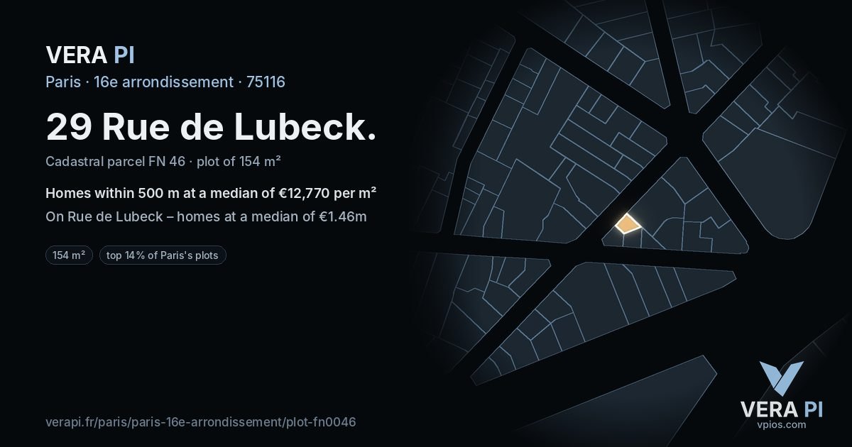 29 Rue de Lubeck, 16e arrondissement at night – the plot lit, the parcels around coloured by the prices near them