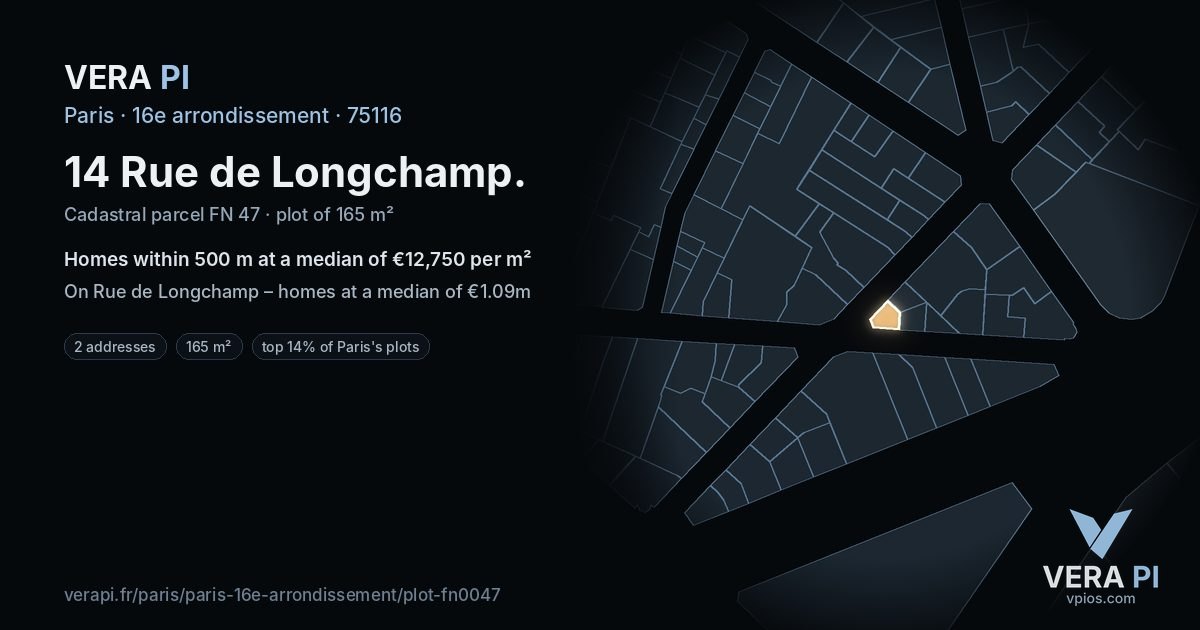 14 Rue de Longchamp, 16e arrondissement at night – the plot lit, the parcels around coloured by the prices near them