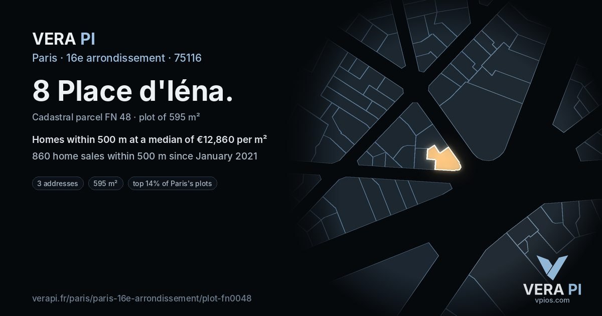 8 Place d'Iéna, 16e arrondissement at night – the plot lit, the parcels around coloured by the prices near them