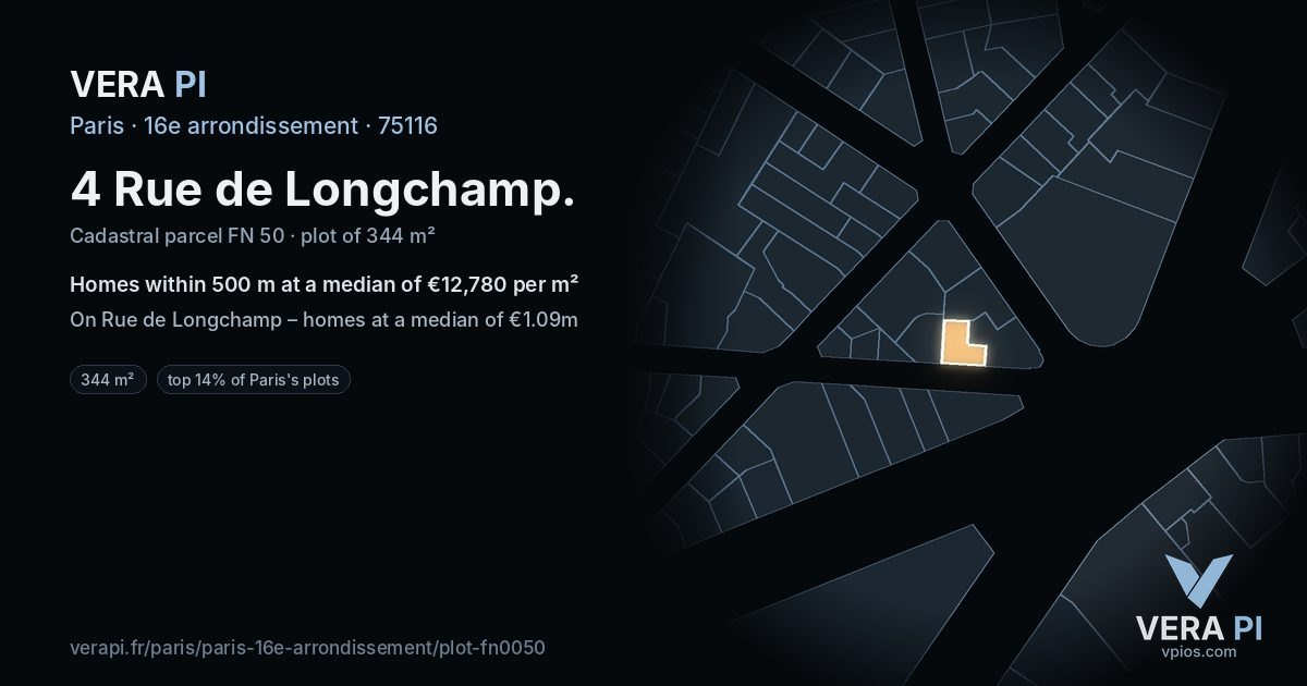 4 Rue de Longchamp, 16e arrondissement at night – the plot lit, the parcels around coloured by the prices near them