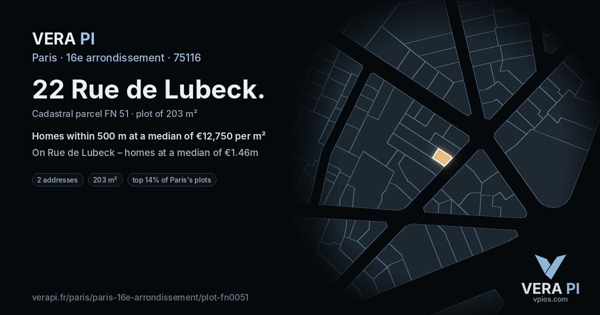 22 Rue de Lubeck, 16e arrondissement at night – the plot lit, the parcels around coloured by the prices near them