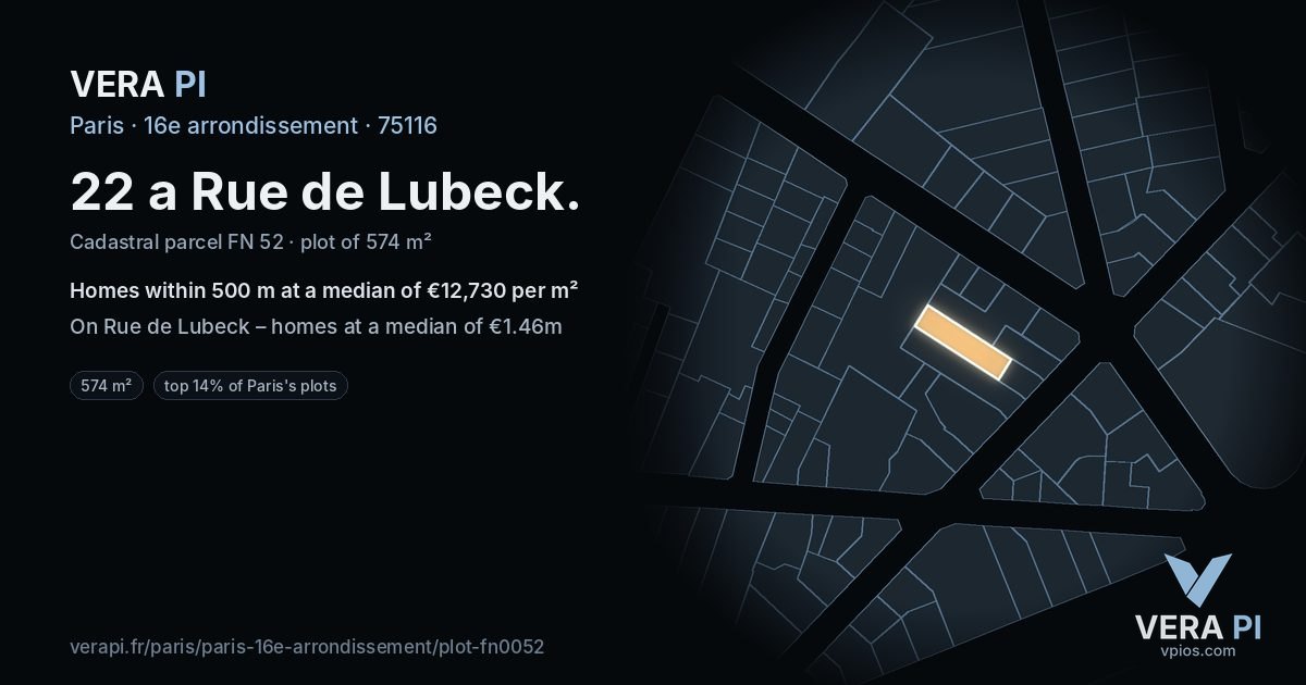 22 a Rue de Lubeck, 16e arrondissement at night – the plot lit, the parcels around coloured by the prices near them