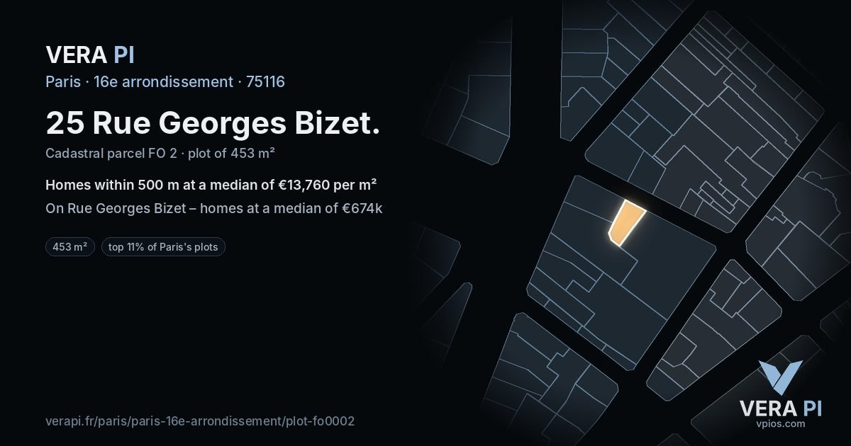 25 Rue Georges Bizet, 16e arrondissement at night – the plot lit, the parcels around coloured by the prices near them