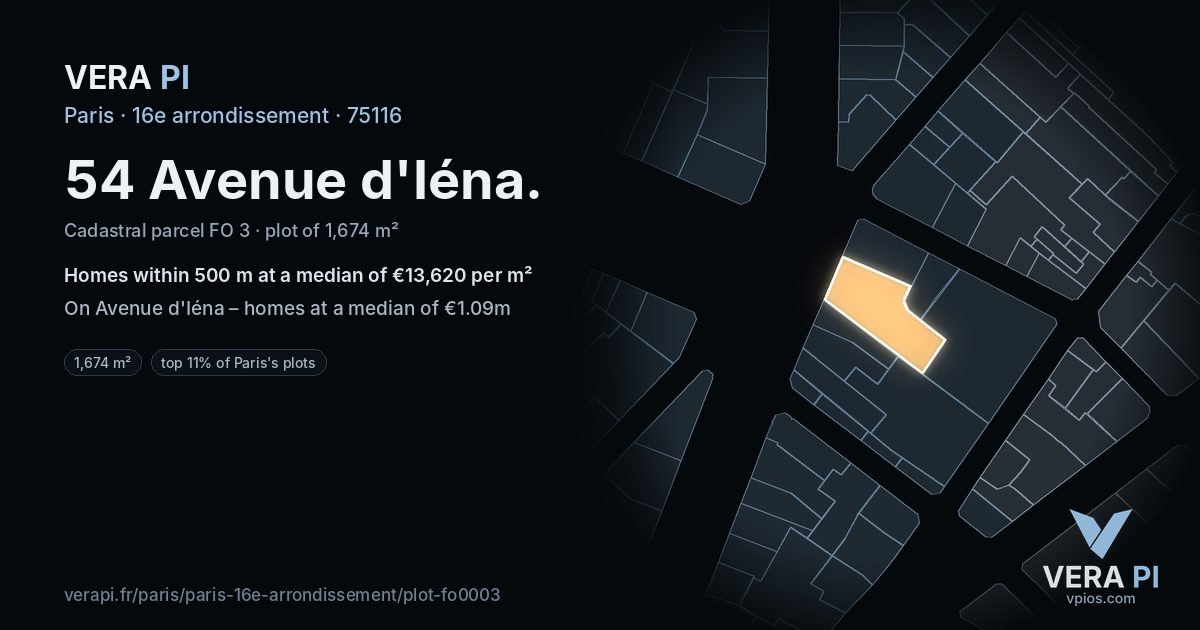 54 Avenue d'Iéna, 16e arrondissement at night – the plot lit, the parcels around coloured by the prices near them