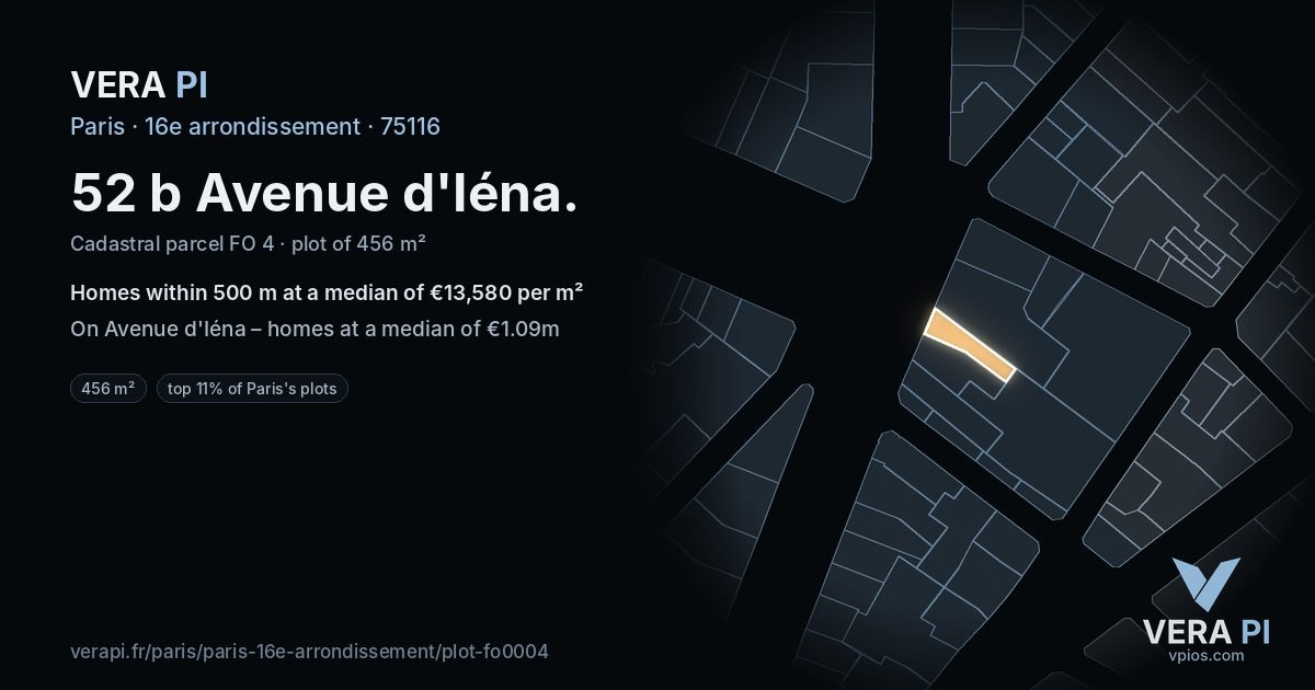 52 b Avenue d'Iéna, 16e arrondissement at night – the plot lit, the parcels around coloured by the prices near them
