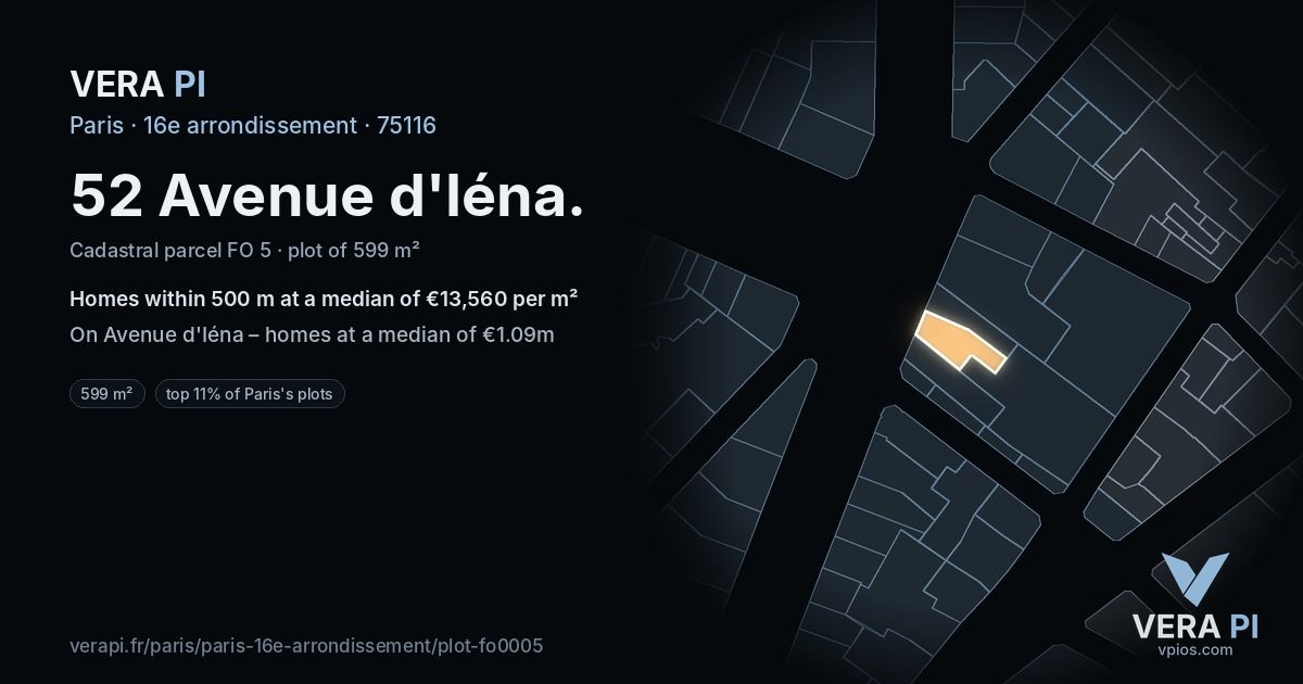 52 Avenue d'Iéna, 16e arrondissement at night – the plot lit, the parcels around coloured by the prices near them