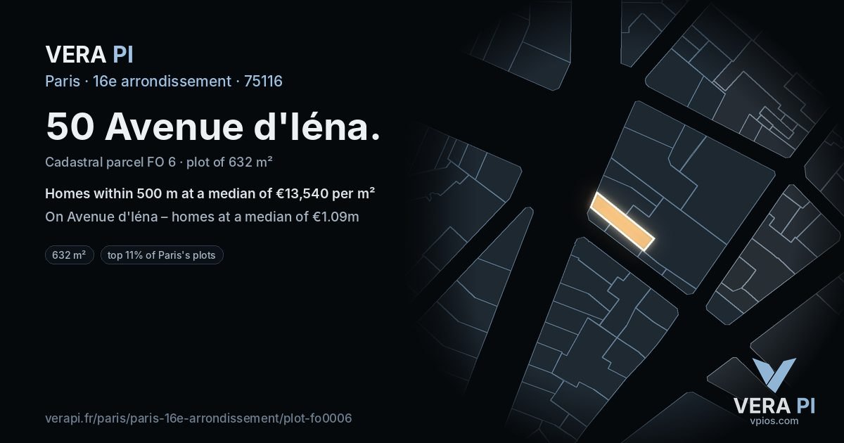 50 Avenue d'Iéna, 16e arrondissement at night – the plot lit, the parcels around coloured by the prices near them