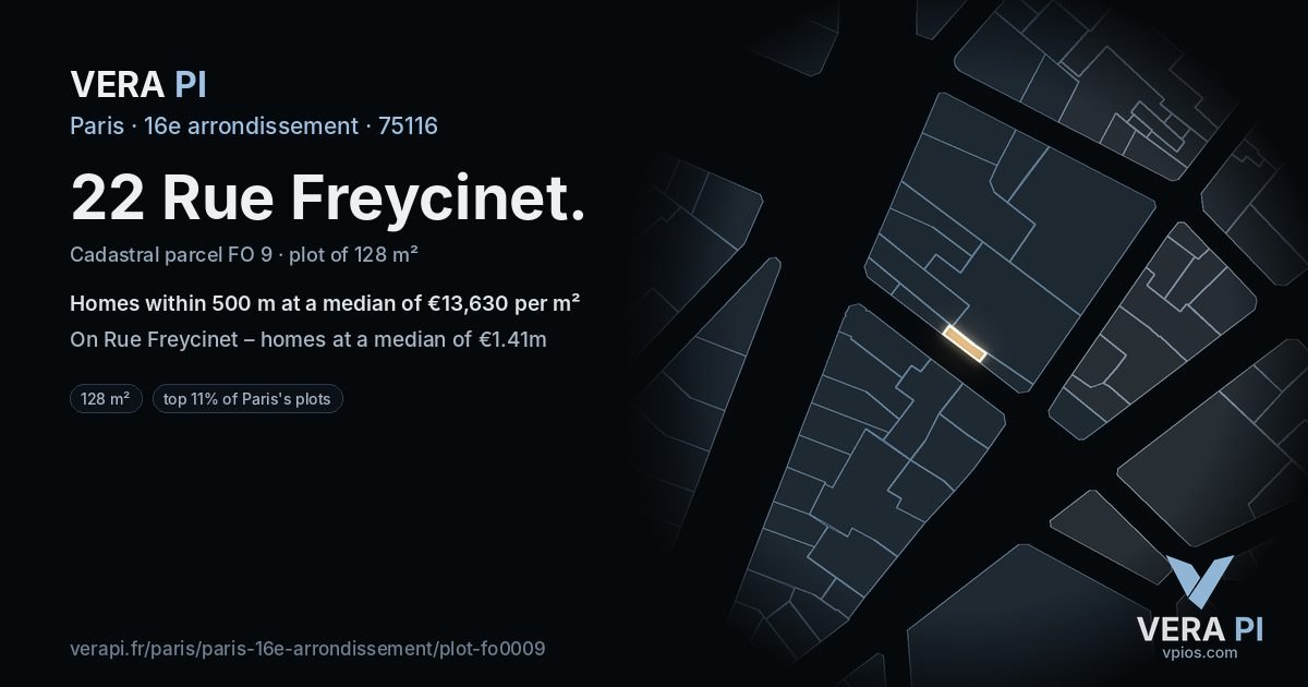 22 Rue Freycinet, 16e arrondissement at night – the plot lit, the parcels around coloured by the prices near them