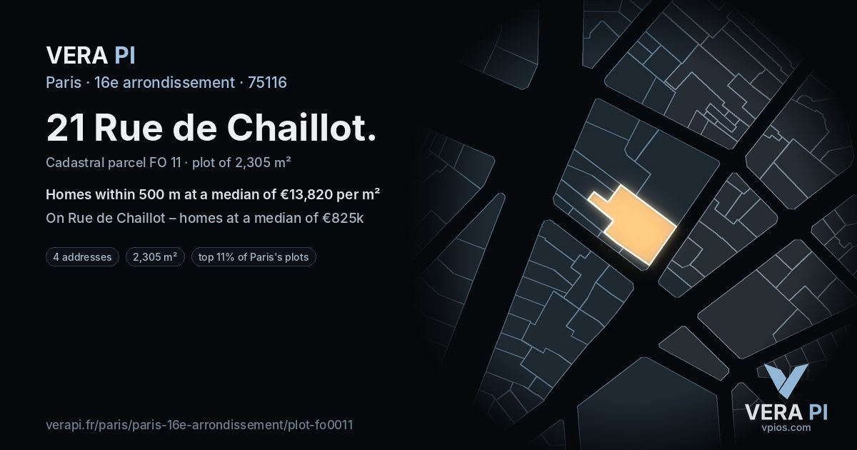 21 Rue de Chaillot, 16e arrondissement at night – the plot lit, the parcels around coloured by the prices near them