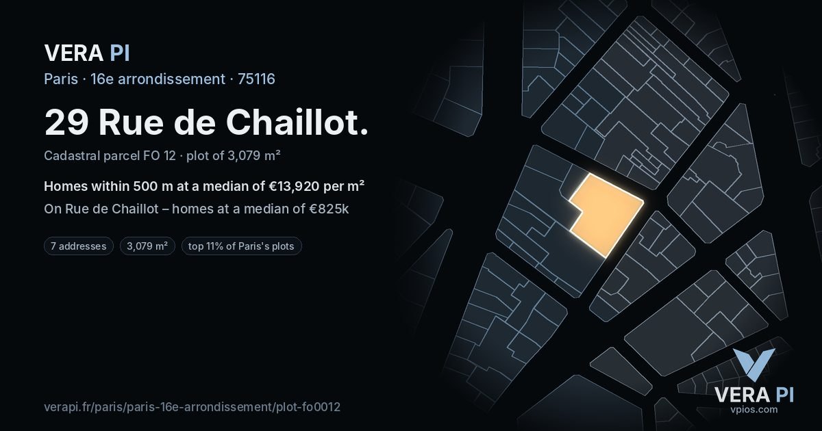 29 Rue de Chaillot, 16e arrondissement at night – the plot lit, the parcels around coloured by the prices near them