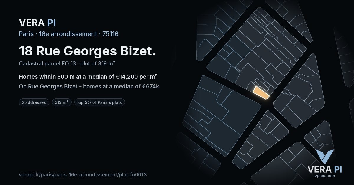 18 Rue Georges Bizet, 16e arrondissement at night – the plot lit, the parcels around coloured by the prices near them