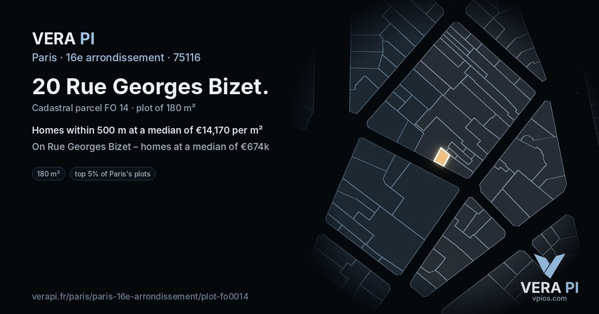 20 Rue Georges Bizet, 16e arrondissement at night – the plot lit, the parcels around coloured by the prices near them