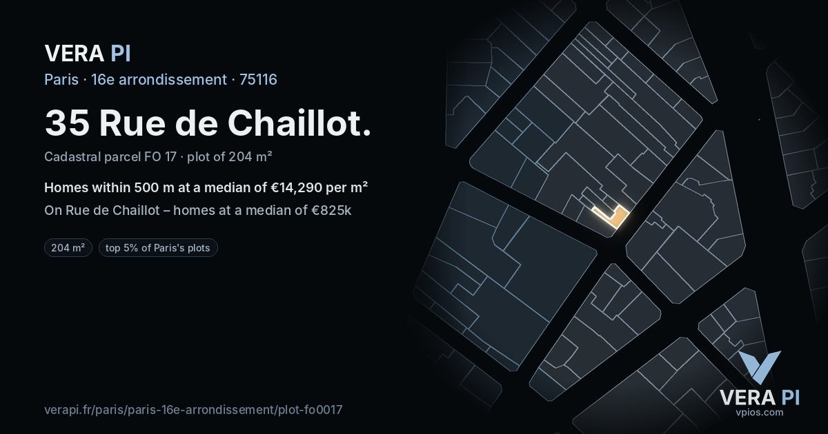 35 Rue de Chaillot, 16e arrondissement at night – the plot lit, the parcels around coloured by the prices near them