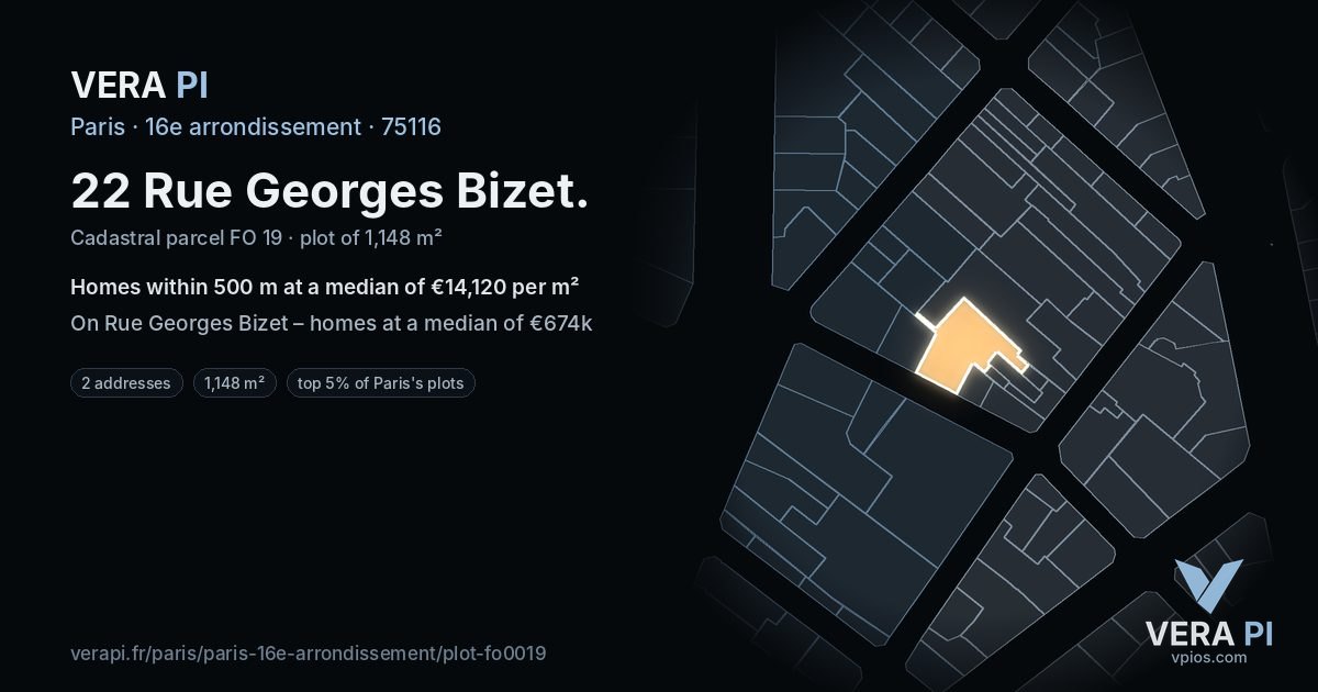 22 Rue Georges Bizet, 16e arrondissement at night – the plot lit, the parcels around coloured by the prices near them