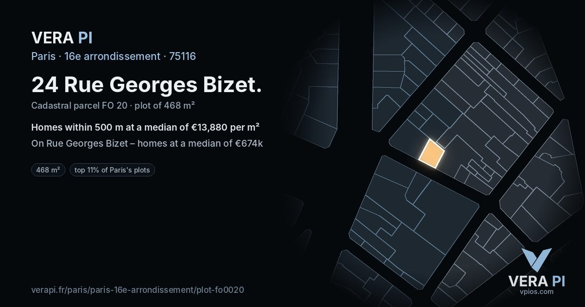 24 Rue Georges Bizet, 16e arrondissement at night – the plot lit, the parcels around coloured by the prices near them