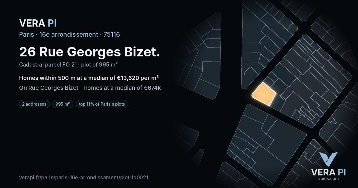26 Rue Georges Bizet, 16e arrondissement at night – the plot lit, the parcels around coloured by the prices near them