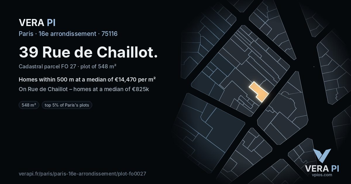 39 Rue de Chaillot, 16e arrondissement at night – the plot lit, the parcels around coloured by the prices near them
