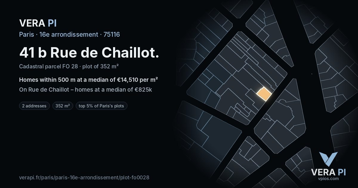 41 b Rue de Chaillot, 16e arrondissement at night – the plot lit, the parcels around coloured by the prices near them