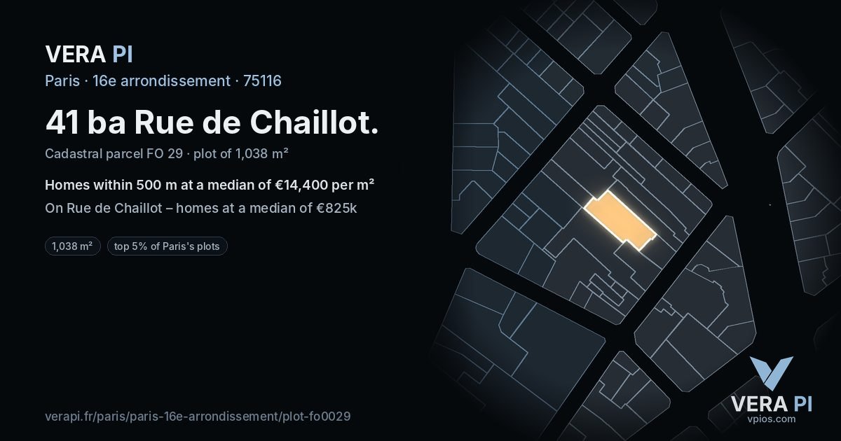 41 ba Rue de Chaillot, 16e arrondissement at night – the plot lit, the parcels around coloured by the prices near them