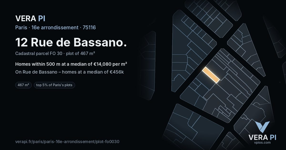 12 Rue de Bassano, 16e arrondissement at night – the plot lit, the parcels around coloured by the prices near them