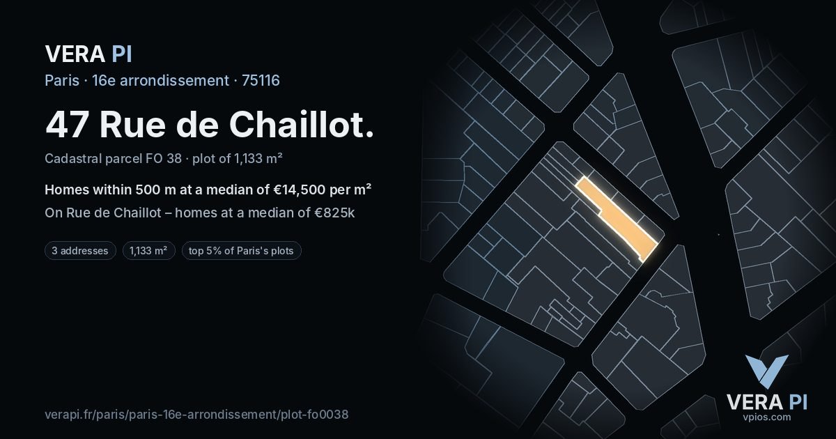 47 Rue de Chaillot, 16e arrondissement at night – the plot lit, the parcels around coloured by the prices near them