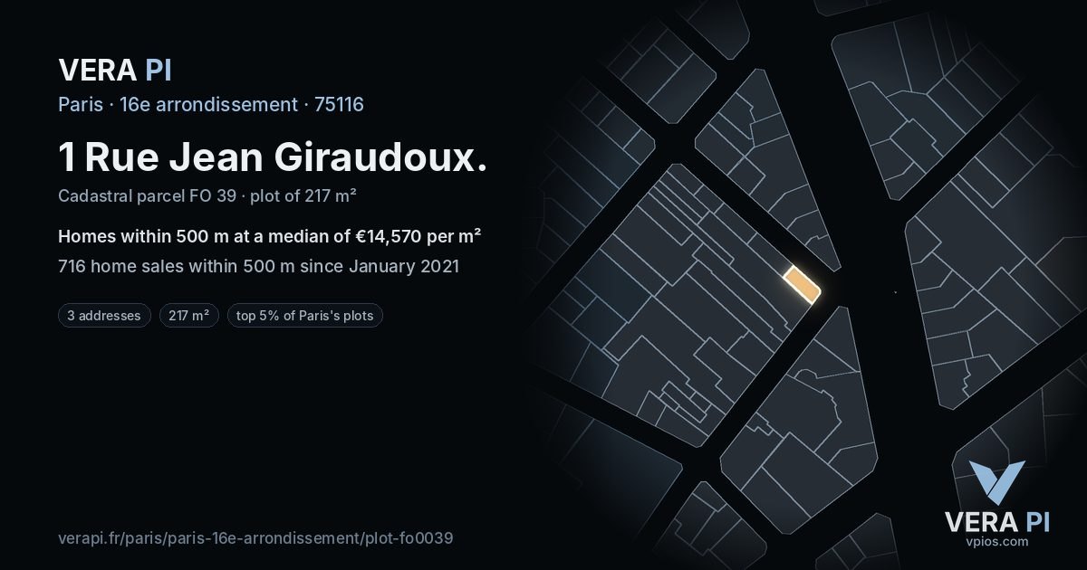 1 Rue Jean Giraudoux, 16e arrondissement at night – the plot lit, the parcels around coloured by the prices near them