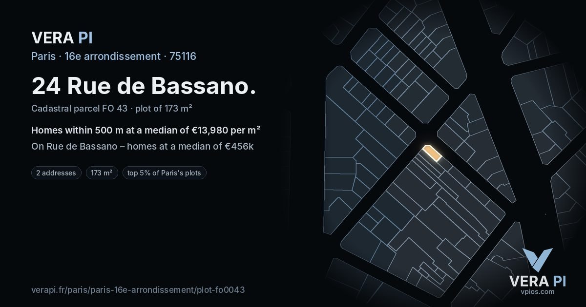24 Rue de Bassano, 16e arrondissement at night – the plot lit, the parcels around coloured by the prices near them