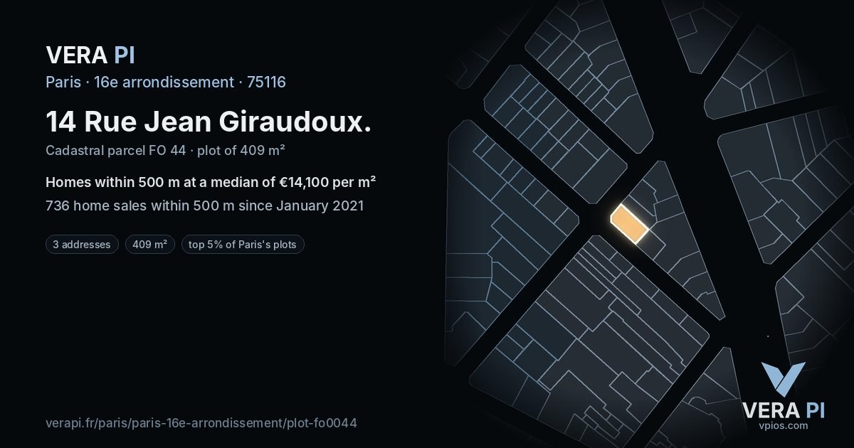 14 Rue Jean Giraudoux, 16e arrondissement at night – the plot lit, the parcels around coloured by the prices near them