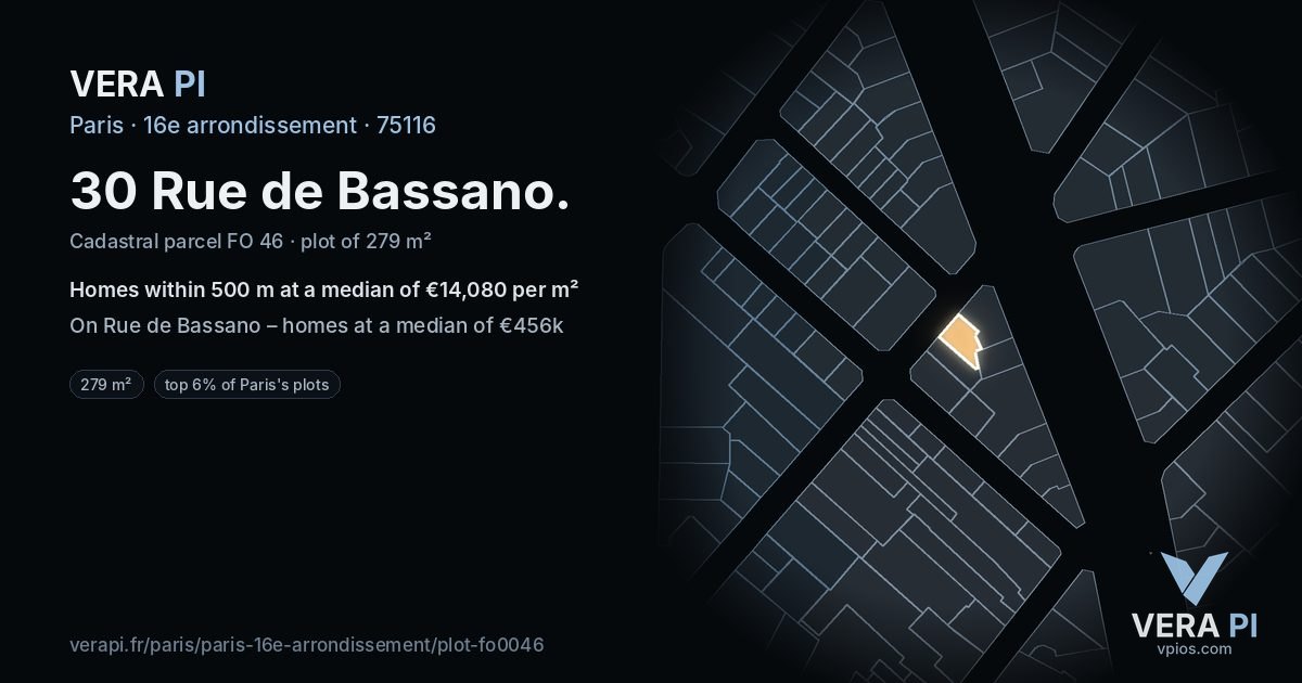 30 Rue de Bassano, 16e arrondissement at night – the plot lit, the parcels around coloured by the prices near them