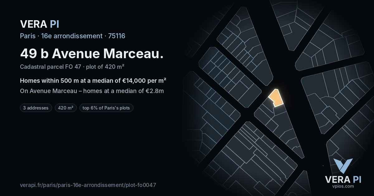 49 b Avenue Marceau, 16e arrondissement at night – the plot lit, the parcels around coloured by the prices near them