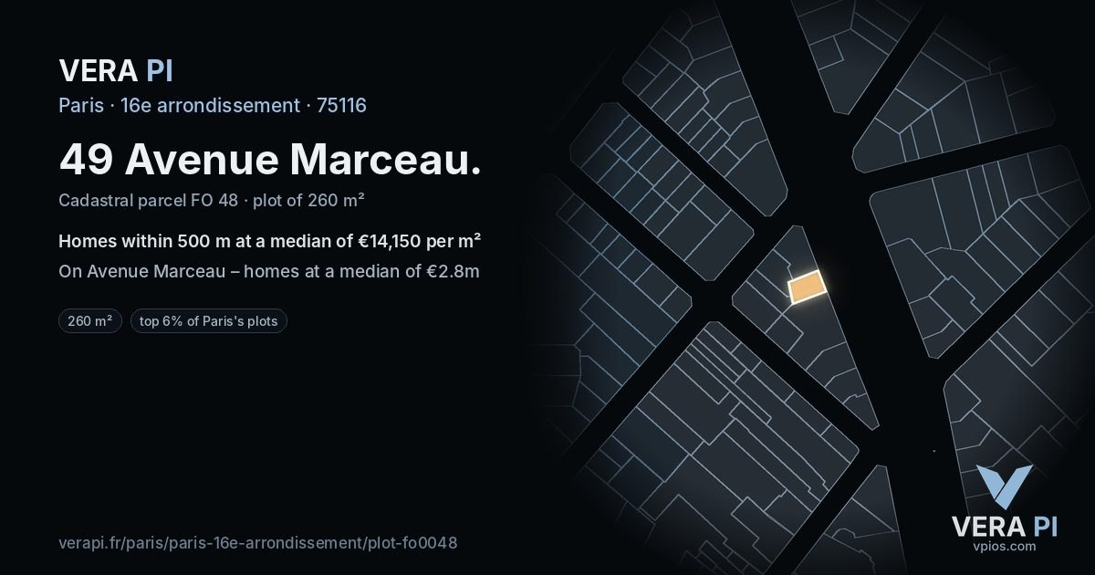 49 Avenue Marceau, 16e arrondissement at night – the plot lit, the parcels around coloured by the prices near them