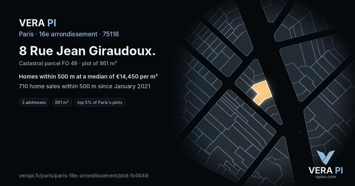 8 Rue Jean Giraudoux, 16e arrondissement at night – the plot lit, the parcels around coloured by the prices near them