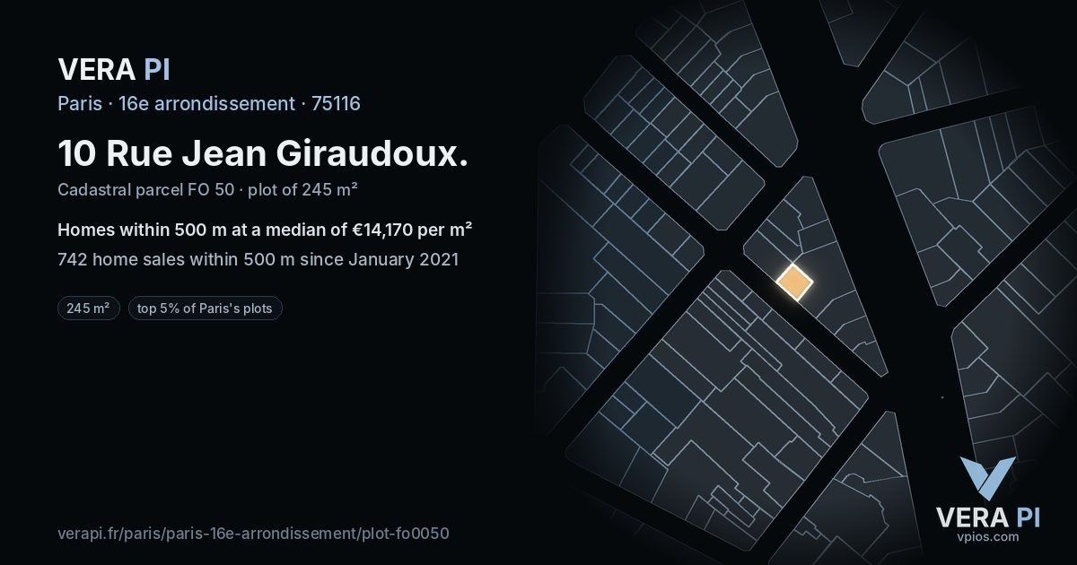 10 Rue Jean Giraudoux, 16e arrondissement at night – the plot lit, the parcels around coloured by the prices near them