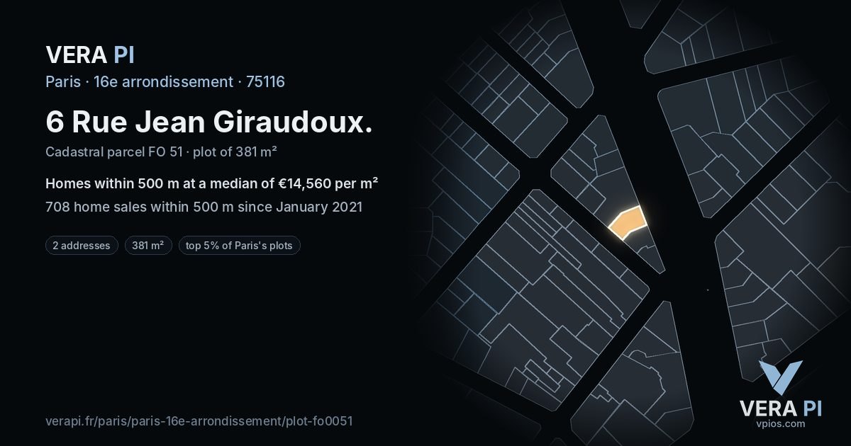 6 Rue Jean Giraudoux, 16e arrondissement at night – the plot lit, the parcels around coloured by the prices near them