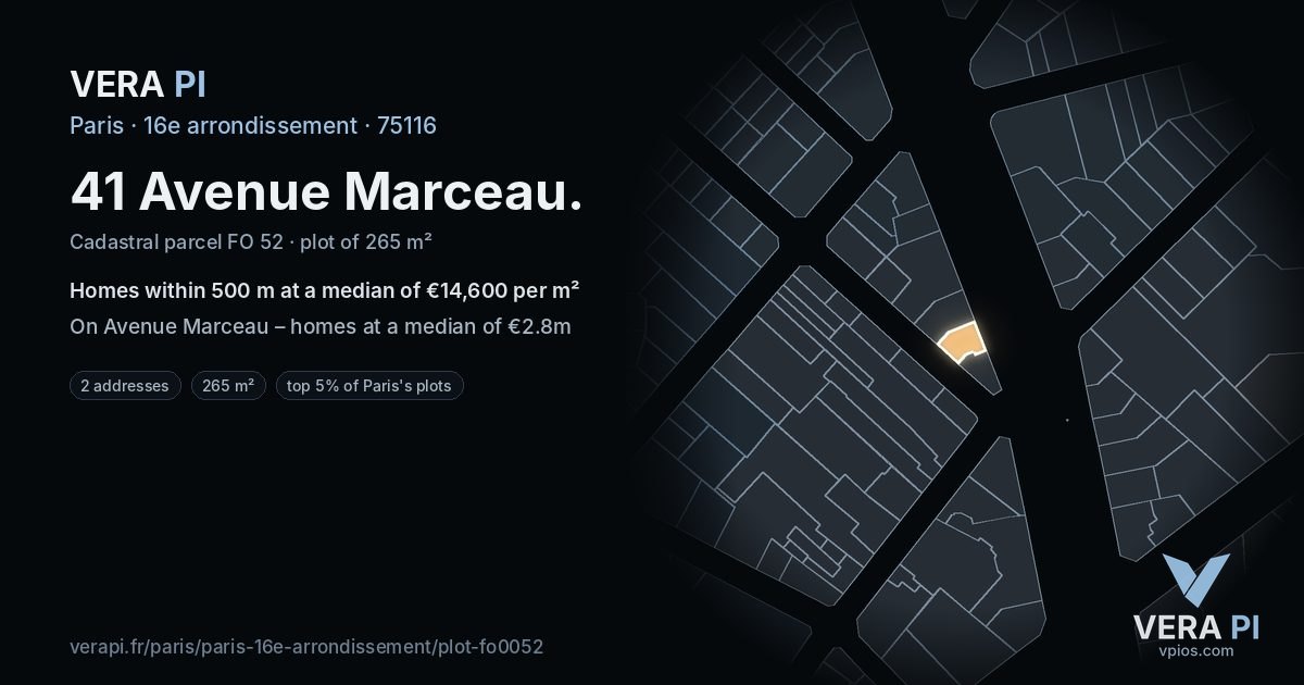 41 Avenue Marceau, 16e arrondissement at night – the plot lit, the parcels around coloured by the prices near them