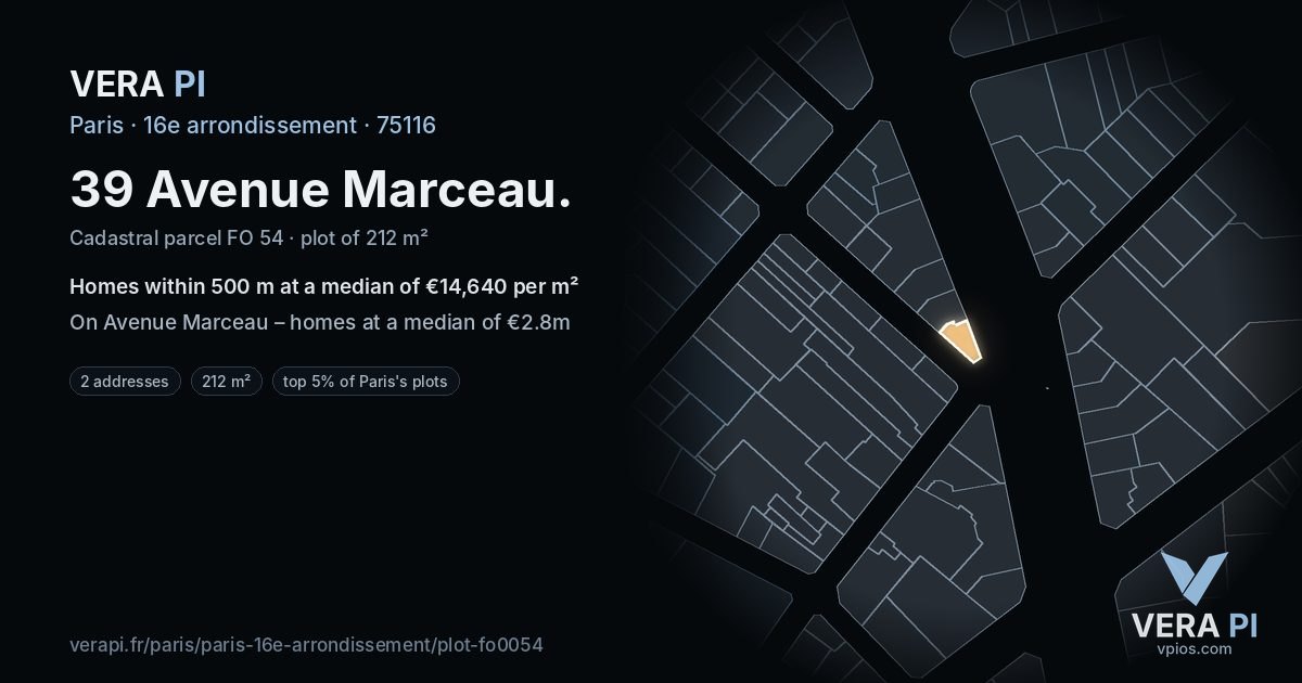 39 Avenue Marceau, 16e arrondissement at night – the plot lit, the parcels around coloured by the prices near them