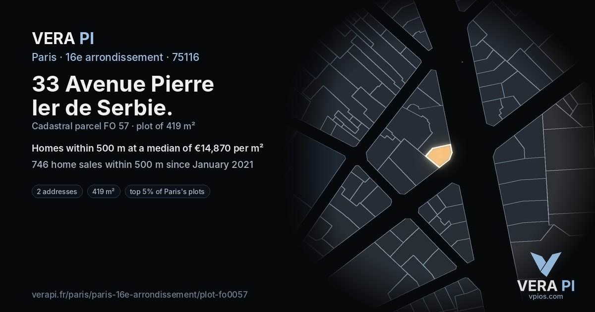 33 Avenue Pierre Ier de Serbie, 16e arrondissement at night – the plot lit, the parcels around coloured by the prices near them