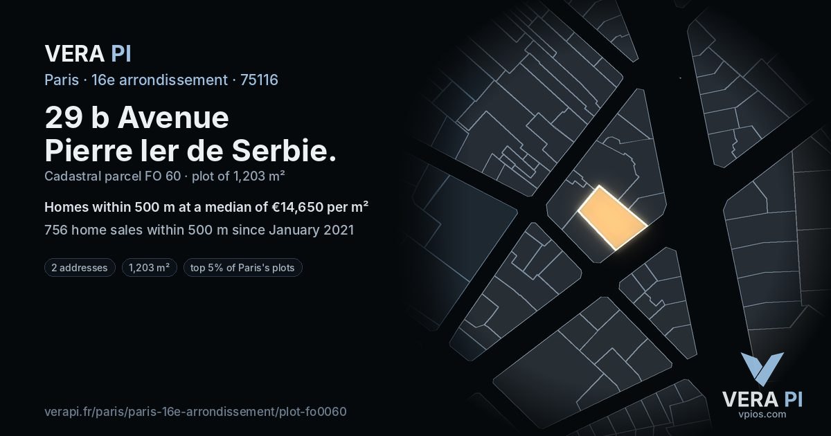 29 b Avenue Pierre Ier de Serbie, 16e arrondissement at night – the plot lit, the parcels around coloured by the prices near them